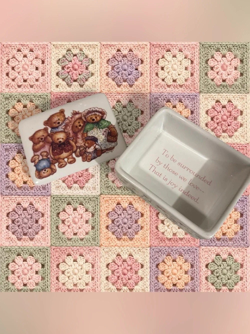 Porcelain Trinket Dish with Teddy Bear Design - Pastel Accents